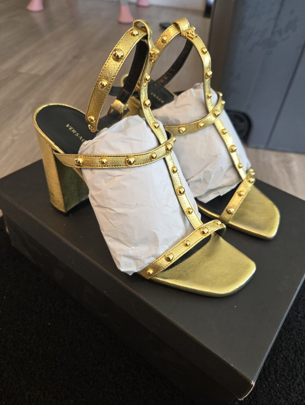 Versace Women's Gold Strappy Heels With Box And Dust Bag